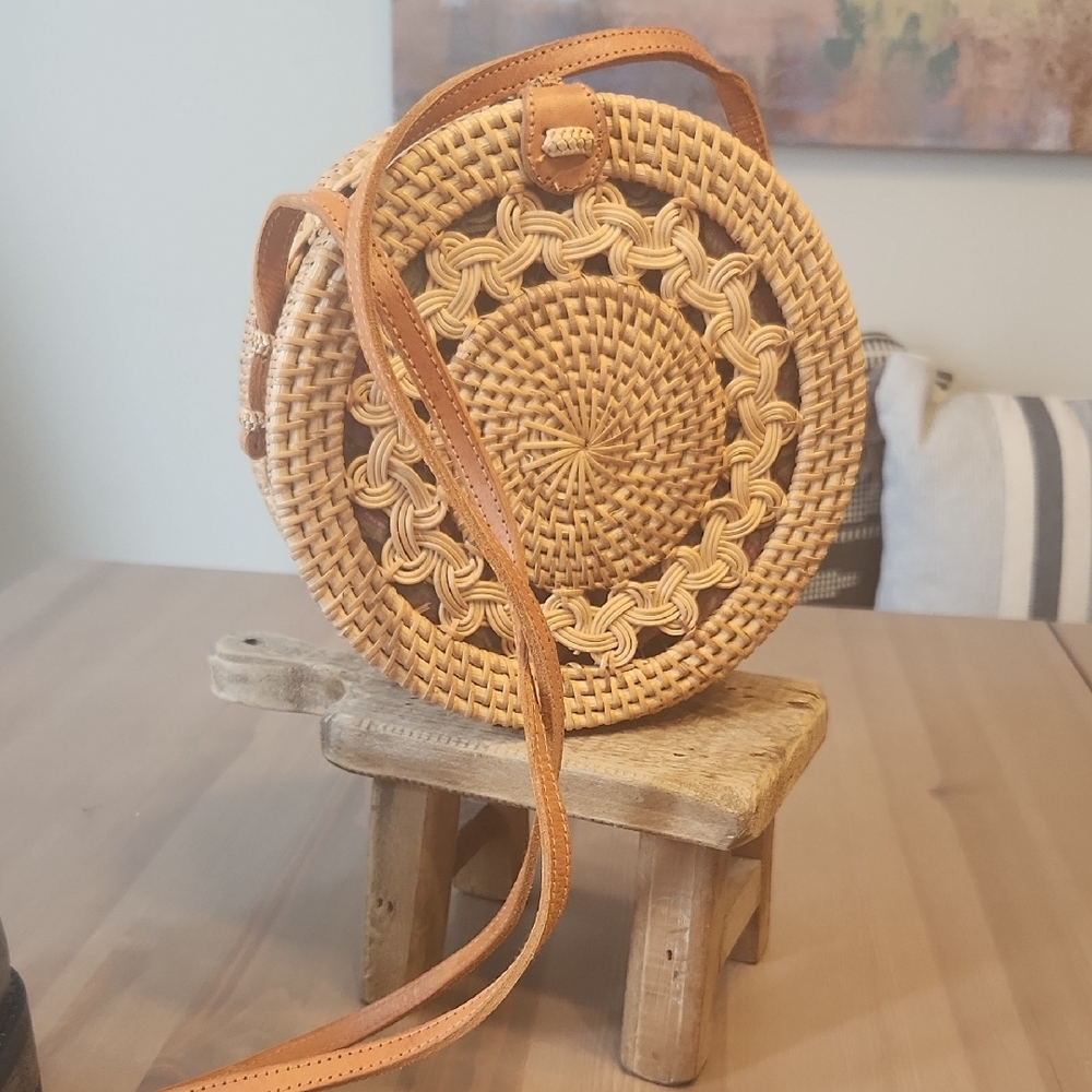 Handcrafted Tan Rattan Crossbody Bag